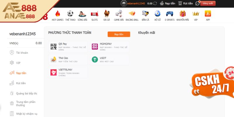 Quy trình nạp tiền AE888 siêu tốc dễ dàng cho tân thủ